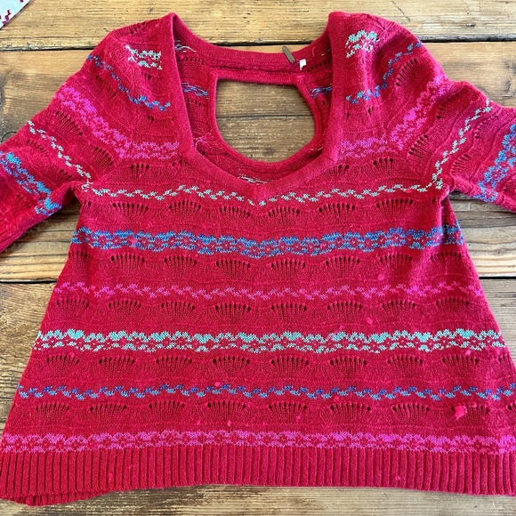 FREE PEOPLE RED POINTELLE OPEN BACK SWEATER - Picture 6 of 9